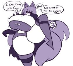 breast_expansion breasts_bigger_than_head cleavage expansion gensin hourglass_figure huge_breasts morgana_(alphaerasure) one_leg_up tagme thick_thighs torn_clothes wolf_ears wolf_tail