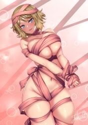 1girls bad_censor big_breasts blue_eyes breasts brown_hair covering female female_focus female_only half-closed_eyes nintendo pokemon pokemon_xy seductive_eyes serena_(pokemon) shiny_skin short_hair solo takecha thick_thighs thighs