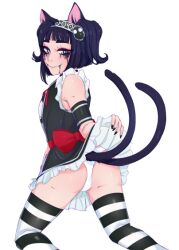 ara_(monster_girl_island) black_hair cat_ears cat_girl cat_tails corrupted crazy_eyes halloween_ara_(monster_girl_island) lifting_skirt lowres monster_girl monster_girl_island panties presenting_hindquarters smiling_at_viewer striped_legwear thighhighs white_panties