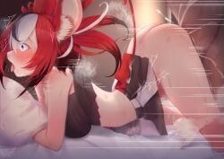 1boy ahe_gao animal_ear_fluff animal_ears ass bangs bare_shoulders black_hair blue_eyes blush breasts cum cum_in_pussy dark-skinned_male doggy_style ejaculation female hair_between_eyes hakos_baelz hakos_baelz_(1st_costume) highres hololive hololive_english hololive_english_-council- hololive_english_-promise- ichi-go long_hair looking_at_viewer looking_to_the_side lying medium_breasts motion_lines mouse_ears mouse_girl mouse_tail multicolored_hair nipples object_hug on_bed on_stomach open_mouth panties panties_around_one_leg pillow pillow_hug pleated_skirt red_hair sex sex_from_behind skirt solo_focus straight streaked_hair sweat tail tongue tongue_out trembling twintails underwear vaginal_penetration virtual_youtuber white_hair white_panties