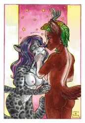 anthro anthro_on_anthro ass breasts brown_body brown_fur cervid closed_eyes domestic_cat duo felid feline felis female female/female fluffy fluffy_tail fur genitals grey_body grey_fur hair horn interspecies leopardus mammal mrrrn multicolored_body multicolored_fur multicolored_hair nipples ocelot open_mouth open_smile purple_hair pussy smile traditional_media_(artwork) white_body white_fur