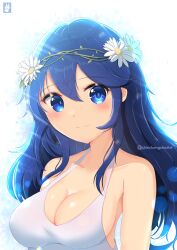 1girls alternate_breast_size alternate_costume blue_eyes blue_hair breasts chinchongcha cleavage dress eyebrows_visible_through_hair female female_only fire_emblem fire_emblem_awakening fire_emblem_heroes flower head_wreath highres long_hair looking_at_viewer lucina_(fire_emblem) lucina_(valentine)_(fire_emblem) medium_breasts nintendo official_alternate_costume sleeveless sleeveless_dress symbol-shaped_pupils symbol_in_eye valentine white_dress white_flower