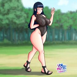 1girls 2022 arm_behind_back bandaid bandaids_on_nipples barely_clothed blue_hair dated female female_only fishnet_leotard fishnets footwear full_body hyuuga_hinata lavender_eyes leotard mostly_nude naruto naruto_(series) naruto_shippuden open_toe_shoes outdoors revealing_clothes sandals see-through see-through_clothing solo solo_focus thick_thighs tight_clothing visible_nipples volmite walking waving