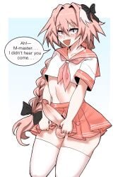 astolfo_(fate) crossdressing dimansfw erection fate/apocrypha fate/grand_order fate_(series) femboy gay girly no_panties skirt_lift surprised thick_ass thick_penis