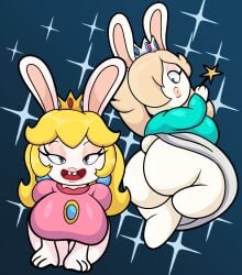 2girls anthro ass big_ass big_breasts big_butt big_lips blonde_hair bubble_ass bubble_butt butt crown dat_ass dress dress_lift earrings eyelashes huge_ass huge_breasts looking_back looking_down mario_(series) mario_+_rabbids mario_+_rabbids:_sparks_of_hope multiple_girls nintendo rabbid rabbid_peach rabbid_rosalina raving_rabbids shiny_hair shiny_skin smile someth1ngoranother ubisoft wand