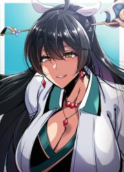 1girls alternate_breast_size ara_haan big_breasts black_hair cleavage earrings elsword female female_focus female_only huge_breasts long_hair looking_at_viewer necklace restart smile smiling smiling_at_viewer solo solo_female