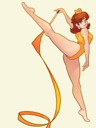 1girls ass_visible_through_thighs blue_eyes brown_hair female female_only full_body gymnastics leotard lipstick mario_(series) mario_and_sonic_at_the_olympic_games ndasfw nintendo one_leg_up princess_daisy ribbon ribbon_dancing sideboob solo solo_female solo_focus tagme