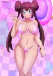 balloon balloons blue_eyes bra brown_hair looking_at_viewer nintendo panties peace_sign pink_bra pink_panties pink_underwear pokemon pokemon_bw2 rosa_(pokemon) smiling underwear v zel-sama