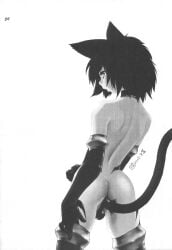 1boy anal anal_attached_clothing anal_ball_wear anally_anchored_clothing ass back back_view balls black_hair bulge buttplug buttplug_tail cat_ears cat_humanoid cat_tail catboy choker cock crossdressing effeminate elbow_gloves eyelashes eyeliner femboy feminine_male girly gloves hi_res holding_penis latex latex_gloves latex_legwear latex_stockings lingerie long_gloves makeup male male_only medium_hair monochrome penis po-ju poju sissy solo stockings thong tomgirl trap