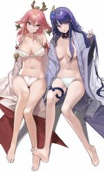 2girls absurdres animal_ears bangs barefoot black_gloves blush bow bow_panties bra breasts bright_pupils cleavage collarbone commentary dot_nose earrings eyebrows_visible_through_hair eyelashes feet female fingerless_gloves flower fox_ears full_body genshin_impact gloves hair_between_eyes hair_censor hair_flower hair_ornament hand_in_hair highres japanese_clothes jewelry kimono lace-trimmed_bra lace_trim large_breasts long_hair looking_at_viewer miko mole mole_under_eye multiple_girls navel no_bra open_clothes open_kimono panties pink_hair purple_eyes purple_hair raiden_shogun red_bow retty2706 shiny shiny_hair sitting smile soles string_panties symbol-only_commentary underwear vision_(genshin_impact) white_background white_bra white_panties yae_miko