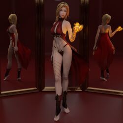 3d 3d_(artwork) athletic_female barefoot blonde_hair blue_eyes body_chain circlet daz3d daz_studio feet fire halter_top headband human league_of_legends league_of_legends:_wild_rift luxanna_crownguard mirror pin3d riot_games small_breasts soles sorceress tiptoes toeless_legwear toes wizard