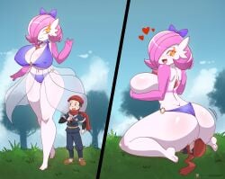 1boy 1girls alpha_pokémon alternate_color anthro ass ass_cleavage big_breasts big_butt breasts butt_crack dakunart facesitting female gardevoir giant giantess hair_ribbon hat huge_ass huge_breasts human larger_female nintendo no_text outdoors pink_hair pokémon_(species) pokemon pokemon_(species) pokemon_legends:_arceus pokemon_rse rei_(pokemon) scarf size_difference thick_thighs thighs