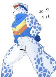 2019 anthro balls bemani blue_body blue_clothing blue_fur blue_spots blue_tail blue_topwear bottomless chirasgi clothed clothing dated eyewear eyewear_on_head felid flaccid foreskin fur genitals goggles goggles_on_head konami male mammal markings ollie_(pop'n_music) pantherine penis pop'n_music snow_leopard solo spots spotted_body spotted_fur spotted_markings spotted_tail tail_markings topwear unretracted_foreskin video_games