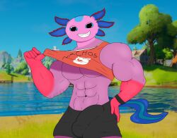 1boy abs axo_(fortnite) axolotl biceps bulge cock fortnite in-game_background male male_only muscular_thighs pecs shorts