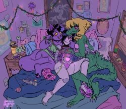 bed bratty_(undertale) catty_(undertale) flat_chest flat_chested mettaton mettaton_ex robot sex_toy squishabdomen_(artist) tagme threesome undertale wires