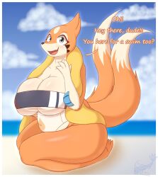 2022 2_tails absurd_res anthro anthrofied areola big_breasts blurred_background breasts dialogue digital_media_(artwork) dipstick_tail english_text female floatzel furry hi_res huge_breasts kneeling looking_at_viewer markings multi_tail nintendo nipples open_mouth open_smile overweight overweight_anthro overweight_female pokémon pokémon_(species) pokémorph pokemon signature slightly_chubby smile snackbunnii solo tagme tail_markings talking_to_viewer text thick_thighs video_games