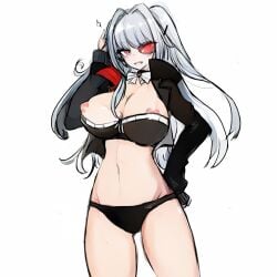 1:1 1girls aa_(pixiv69024993) black_panties eyewear female female_only guardian_tales light-skinned_female light_skin long_hair lucy_(guardian_tales) one_breast_out red_eyes solo trickster_lucy_(guardian_tales) wardrobe_malfunction white_background white_hair