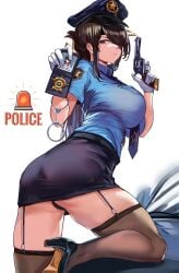 1girls 2022 ass badge beidou_(genshin_impact) black_panties breasts brown_hair clothed clothed_female female female_only garter_straps genshin_impact gun hair_over_one_eye handcuffs hi_res high_heels hips holding_object huge_breasts large_ass loooyd panties police police_badge police_uniform policewoman short_skirt sideboob skirt slim_waist thick_thighs thighhighs thighs very_high_resolution weapon wide_hips