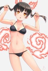 :o armpits arms_up bangs bare_shoulders bikini black_bikini black_hair breasts cleavage collarbone commentary_request contrapposto cowboy_shot enen_no_shouboutai eyebrows_visible_through_hair female fiery_tail fire fire_force groin hair_between_eyes highres holding holding_hair kotatsu_tamaki long_hair looking_at_viewer medium_breasts midriff navel orange_eyes sidelocks signature simple_background skindentation solo standing swimsuit tail twintails white_background