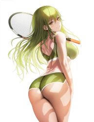 :d ahoge arm_at_side ass ass_focus bangs bare_shoulders blush bra breasts cowboy_shot dolphin_shorts eyebrows_visible_through_hair female from_behind green_eyes green_hair green_nails green_sports_bra grin hair_between_eyes holding holding_racket large_breasts long_hair looking_at_viewer looking_back looking_to_the_side nail_polish navel non-web_source open_mouth original racket short_shorts shorts shoulder_blades sidelocks smile solo solo_female solo_focus sport sports_bra sportswear standing teeth tennis thighs third-party_edit tokkihouse twintails underbutt underwear white_background