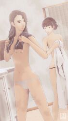 2girls 3d artist_name black_panties black_towel black_underwear braid breasts brown_hair clothing crown_braid dioxnath female hair high_resolution makoto_niijima multiple_girls open_mouth pants pantsu parted_lips persona persona_5 sae_niijima short_hair smile tied_hair topless towel underboob underwear white_panties white_towel white_underwear