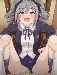 1boy :d black_ribbon censored clothed_sex clothing_aside commentary_request drill_hair eyebrows_visible_through_hair female grey_hair hair_ribbon happy_sex idolmaster idolmaster_cinderella_girls kanzaki_ranko long_sleeves mosaic_censoring open_mouth panties_aside penis pussy red_eyes ribbon sex smile straight tomu_(tomubobu) twin_drills vaginal_penetration