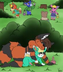 animal_crossing anthro audie_(animal_crossing) bam_(animal_crossing) basket bear blush bodily_fluids container cum cum_while_penetrated duo easter easter_basket easter_egg from_behind_position fuchsia_(animal_crossing) genital_fluids grass hi_res holidays hybrid jay_(jaymutts) lagomorph leporid male male/male mammal maple_(animal_crossing) nintendo penetration plant public public_sex rabbit sasha_(animal_crossing) sex shrub size_difference stealth_sex tree tree_stump ursid ursine valvi369 video_games