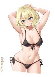 alternate_costume armpits arms_up bikini black_bikini blonde_hair blue_eyes blush braid breasts colorado_(kantai_collection) cowboy_shot ebifurya female front-tie_bikini front-tie_top highres kantai_collection large_breasts navel own_hands_together short_hair side-tie_bikini side_braids smile solo solo_female solo_focus sparkle stomach swimsuit twitter_username white_background