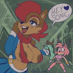 2d amy_rose anthro archie_comics areola areola_slip big_breasts blush breasts chipmunk cleavage clothed clothing color condom duo eulipotyphlan female ground_squirrel hedgehog hi_res imminent_sex large_breasts mammal mobian_(species) ramdoctor rodent sally_acorn sciurid sega sexual_barrier_device sonic_(series) sonic_satam sonic_the_hedgehog_(archie) sonic_the_hedgehog_(comics) sonic_the_hedgehog_(series)