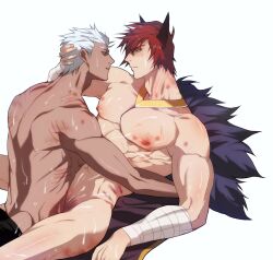 2boys animal_ears blush dark-skinned_male gay hickey hickey_marks implied_sex interracial league_of_legends light-skinned_male looking_at_another male male_only mostly_nude muscular muscular_male red_hair ryub scratches sett sweat white_hair yaoi