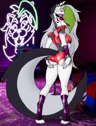 anthro ass breasts canid canid_demon canine canis choker clothed clothing cosplay female five_nights_at_freddy's five_nights_at_freddy's:_security_breach fur furry furry_only green_hair hellhound helluva_boss latex looking_back loona_(helluva_boss) mainnm-e makeup presenting red_sclera rocker roxanne_wolf_(fnaf) shiny tail