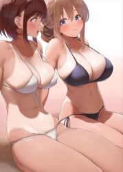 2022 2girls :3 :d beach bikini black_bikini blue_eyes blush breasts brown_hair cleavage eyebrows_visible_through_hair female female_only front-tie_bikini green_eyes hair_between_eyes hair_bun highres kaisen_chuui large_breasts leaning_back looking_at_another multiple_girls navel one-piece_tan open_mouth original outdoors sand shadow short_hair side-tie_bikini sideboob sitting skindentation smile swimsuit tan tanline teeth thighs tied_hair white_bikini