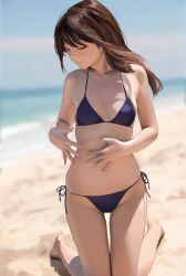 bangs bare_legs bare_shoulders bare_thighs barefoot beach bikini blue_bikini blue_sky blurry blurry_background breasts brown_hair closed_eyes closed_mouth cloud clouds commentary female halterneck highres hiki_niito hiki_nito kneeling long_hair ocean original photo-referenced sea seaside side-tie_bikini side-tie_bikini_bottom sky small_breasts solo solo_female solo_focus stomach string_bikini sunshine swept_bangs swimsuit