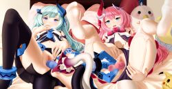 2girls bed dkoro fanbox_reward feet female_only honkai_impact_3rd ioemi laying_on_bed liliya_olenyeva multiple_girls navel on_back paid_reward penetration rozaliya_olenyeva sex_toy uncensored vagina