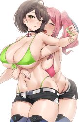 2022 2girls azur_lane baltimore_(azur_lane) bikini booty_shorts breasts bremerton_(azur_lane) brown_hair female female_only green_bikini green_eyes hi_res hips hotate-chan huge_breasts jean_shorts medium_hair pink_bikini pink_eyes pink_hair short_hair short_shorts shorts slim_waist thick_thighs thighs twintails wide_hips yuri