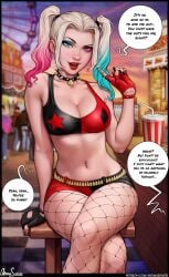 1girls aroma_sensei batman_(series) black_nails blonde_hair breasts choker cleavage collar crossed_legs date dc dc_comics dialogue dyed_hair earrings eyeshadow female female_focus ferris_wheel fingerless_gloves fishnets fully_clothed hair_highlights harley_quinn harley_quinn_(series) lipstick looking_at_viewer makeup male navel navel_piercing offscreen_character open_mouth shorts sitting solo solo_focus speech_bubble suicide_squad tagme talking_to_viewer twintails