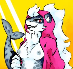 anthro bust_portrait clothing eyelashes female fish hair hi_res hood humanoid jacket marine ponytail portrait shark sharp_teeth solo staggermidnight teeth topwear tuft