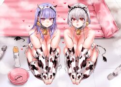 2girls asanagi azur_lane bath bathroom big_breasts bikini blush cow_ears cow_print cow_print_bikini cow_print_thighhighs cowbell dido_(azur_lane) ear_tag female_only huge_breasts kneeling long_hair looking_at_viewer multiple_girls pale-skinned_female pale_skin pov purple_eyes purple_hair red_eyes short_hair sirius_(azur_lane) thick_thighs white_hair