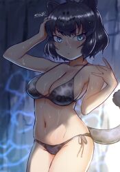 animal_ears bikini black_hair black_jaguar_(kemono_friends) blue_eyes breasts collarbone commentary cowboy_shot eyebrows_visible_through_hair female female frown highres jaguar_ears jaguar_girl jaguar_print jaguar_tail kemono_friends large_breasts looking_at_viewer masuyama_ryou navel print_bikini short_hair side-tie_bikini solo swimsuit tail v-shaped_eyebrows water_drop wet wet_hair