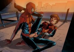 1boy 1girls bayushi biting_lip clothed_sex cum_on_body cum_on_face cumming exposed_pussy father_and_child father_and_daughter female incest legs_apart legs_held_open legs_up marvel masked_male mayday_parker on_back peter_parker rooftop rooftop_sex short_hair spider-girl spider-man spider-man_(series) spread_legs straight_hair sunset torn_bodysuit unseen_male_face