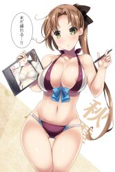 akigumo_(kantai_collection) akikaze_tsumuji alternate_breast_size areola_slip areolae ass_visible_through_thighs bikini black_ribbon blue_bow bow bow_bikini breasts brown_hair drawing_tablet female green_eyes hair_ribbon holding holding_drawing_tablet holding_stylus kantai_collection kazagumo_(kantai_collection) large_breasts long_hair lowleg lowleg_bikini multicolored_bikini multicolored_clothes navel ponytail purple_bikini ribbon stylus swimsuit thigh_gap thought_bubble white_bikini