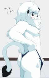 2021 anthro ass black_body black_ears black_eyes black_fur black_nose black_tail blush chirasgi clothed clothing dated elbow_tuft felid fur fur_tuft genitals hair hi_res leo_(saitama_seibu_lions) lion male male_only mammal mane mane_hair mascot nipples nippon_professional_baseball pantherine pecs penis pink_nipples pupils saitama_seibu_lions solo topless tuft underwear underwear_only white_body white_butt white_ears white_fur white_hair white_mane white_penis white_pupils