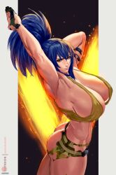 armpits ass blue_eyes blue_hair bubble_butt fit_female huge_breasts ikari_warriors kasai_x3 king_of_fighters lejeanx3 leona_heidern long_hair looking_at_viewer snk solo stretching torn_clothes voluptuous