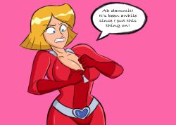 breasts cleavage clover_(totally_spies) dialogue huge_breasts latex tight_clothing tight_fit totally_spies trying_on_clothes zipper