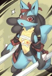 absurd_res anthro bandage blush breasts cleft_of_venus clothing female female_lucario genitals hi_res looking_at_viewer lucario mammal navel nintendo nipples open_mouth pokemon pokemon_(species) pussy solo standing video_games zinfyu