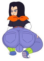 1boy android android_17 ass backsack belt big_ass big_butt black_hair black_shirt blue_eyes blue_jeans butt cyborg dragon_ball dragon_ball_z drawful-s fat_ass fat_butt femboy fully_clothed huge_ass huge_butt looking_at_viewer male male_only shounen_jump simple_background smug_face solo thick_ass thick_butt toei_animation white_background white_sleeves