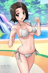 artist_name bangs beach_chair beach_umbrella bikini breasts brown_eyes brown_hair cleavage clenched_hands commentary cowboy_shot dated day female female forest girls_und_panzer halterneck large_breasts looking_at_viewer matsui_yasutsugu nature navel open_mouth outdoors parted_bangs pool sawa_azusa short_hair side-tie_bikini signature smile solo standing string_bikini swimsuit umbrella w_arms waterpark white_bikini