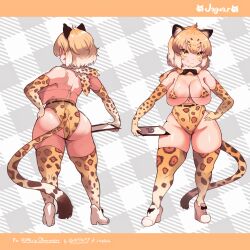 animal_ears ass bikini blonde_hair blush breasts female female full_body hand_on_hip iparuputsua jaguar_(kemono_friends) jaguar_ears jaguar_print jaguar_tail kemono_friends large_breasts micro_bikini shiny shiny_hair short_hair skindentation solo swimsuit tail thighhighs yellow_eyes