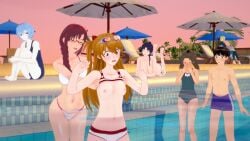 1boy 3d 6girls asuka_langley_sohryu blush breasts brown_hair female flashing glasses hikari_horaki human large_breasts lewd-enf light-skinned_female light_skin long_hair male mari_illustrious_makinami misato_katsuragi multiple_girls neon_genesis_evangelion one-piece_swimsuit rebuild_of_evangelion rei_ayanami ritsuko_akagi shinji_ikari small_breasts swimsuit twintails water