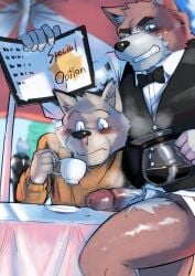 2022 2boys anthro beverage black_nose blush bow_tie canid canine canis clothing coffee container cup domestic_dog duo_focus gay genitals group hi_res humanoid_genitalia humanoid_hands humanoid_penis kemono male male/male male_only mammal penis shirt sitting slightly_chubby topwear ujishiyo waiter yaoi